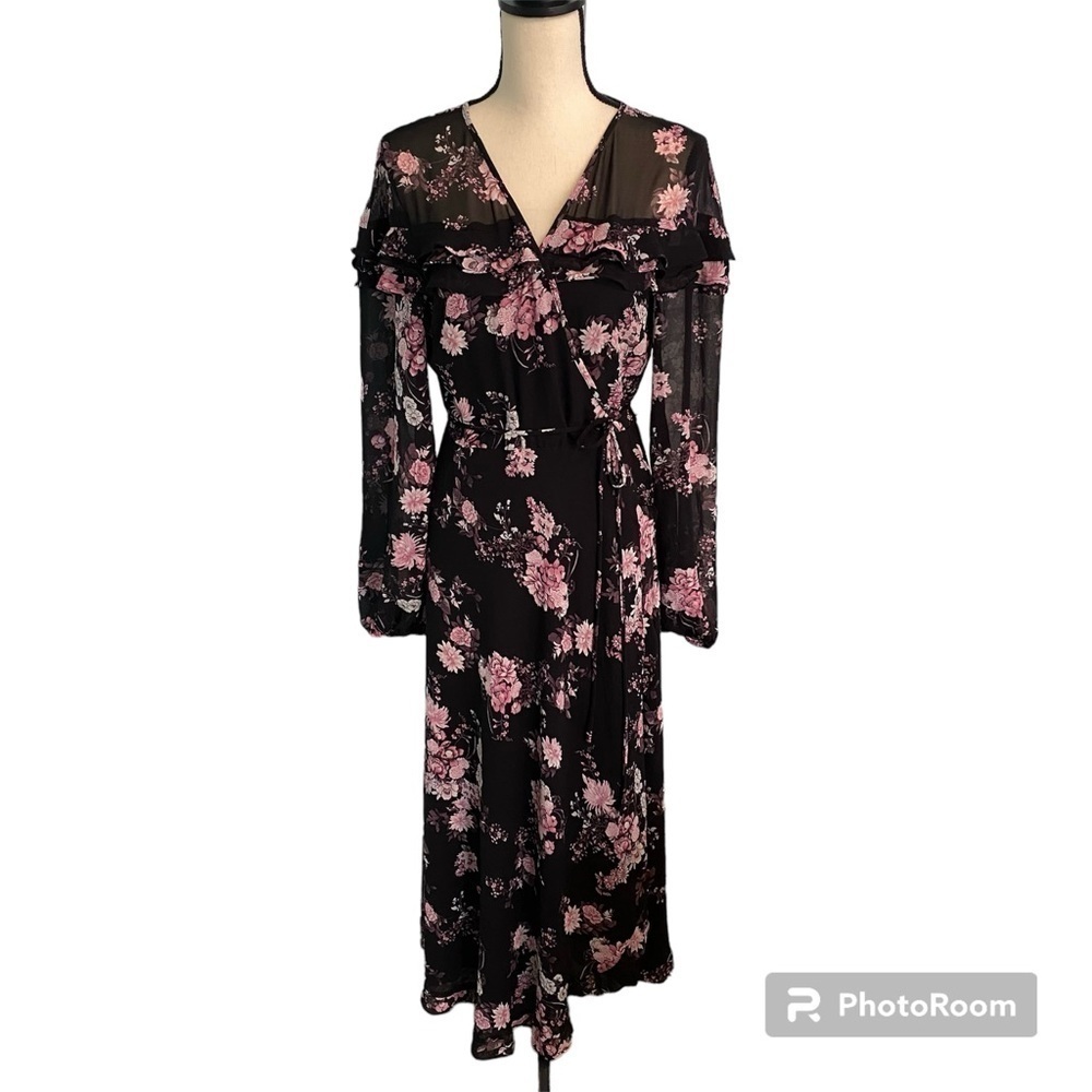 Wayf Black Floral Wrap Dress NWT Ruffle Back Sz M